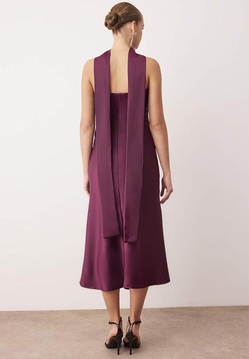 Trendyol - Scarf Detailed Strapless Neckline Satin Dress - Plum