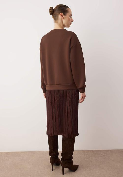 Trendyol - Double Fabric Sweat Knitted Dress - Brown