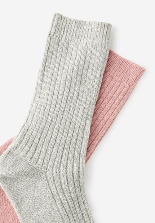 Rubi - Cosy crew sock 2pk - grey marle/pink berry