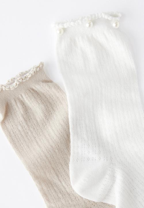 Rubi - Pearl pointelle frill crew sock 2pk - white/chai dust