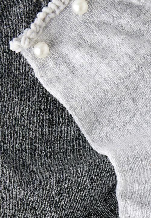 Rubi - Pearl pointelle frill crew sock 2pk - grey marle/charcoal marle