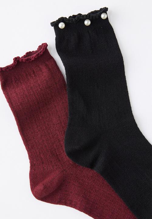 Rubi - Pearl pointelle frill crew sock 2pk - black/cherrywood