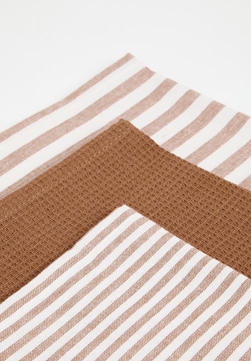 Excellent Houseware - Stripe kitchen towel set of 3 - Sand