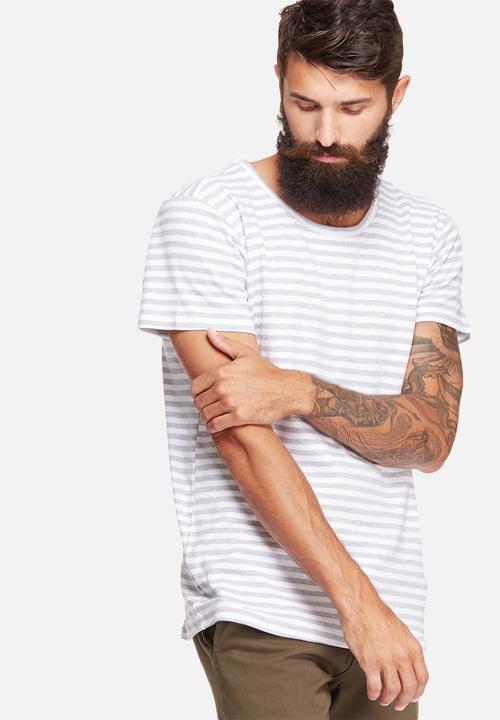 basicthread - Stripe scoop neck tee - grey & white