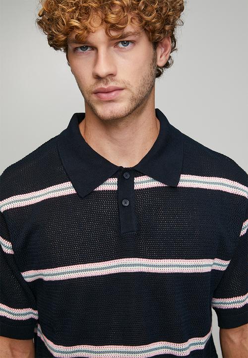 Open stripe flat knit polo - standard navy