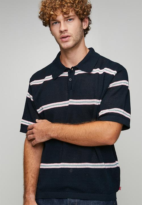 Open stripe flat knit polo - standard navy