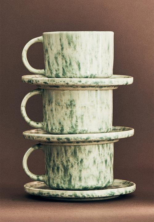 Reactive-glaze mug and saucer - green