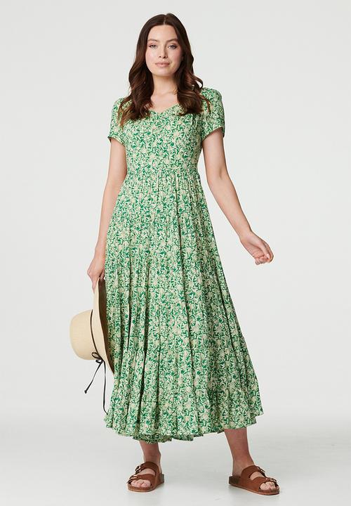 Stella Morgan - Short Sleeve V-neck With Gather Multi Tier Maxi A-Line Dress - Green