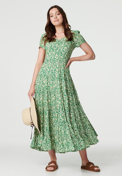 Stella Morgan - Short Sleeve V-neck With Gather Multi Tier Maxi A-Line Dress - Green