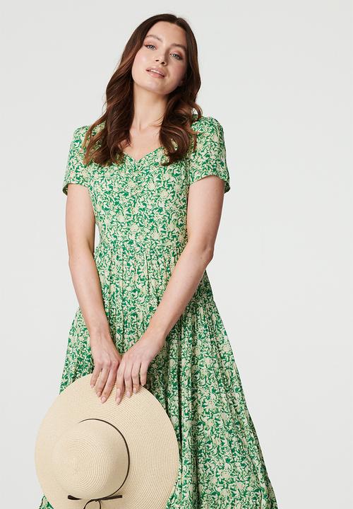 Stella Morgan - Short Sleeve V-neck With Gather Multi Tier Maxi A-Line Dress - Green