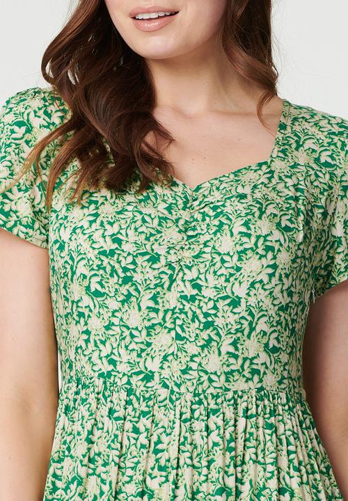 Stella Morgan - Short Sleeve V-neck With Gather Multi Tier Maxi A-Line Dress - Green