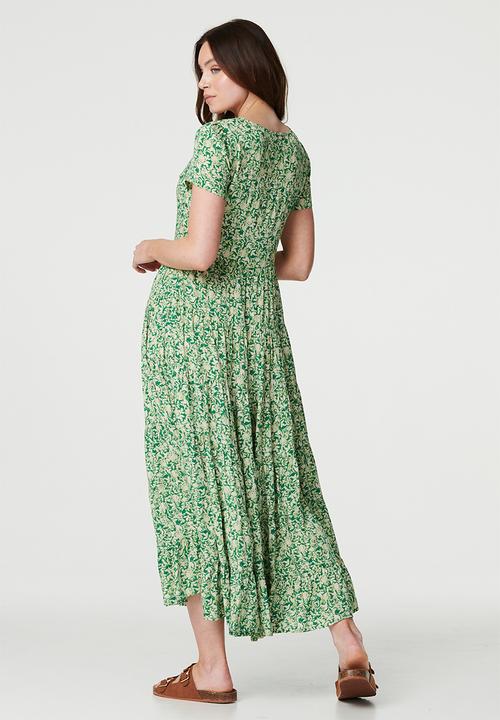 Stella Morgan - Short Sleeve V-neck With Gather Multi Tier Maxi A-Line Dress - Green