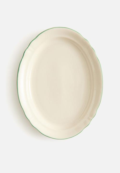 H&M - Stoneware serving plate - light beige/green 