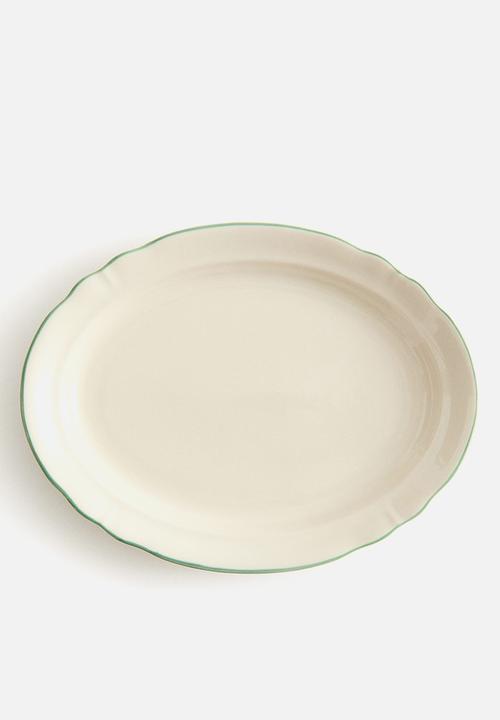 H&M - Stoneware serving plate - light beige/green 
