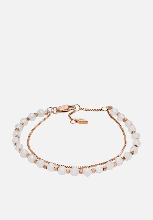Fossil - All Stacked Up Rose Quartz Chain Beaded Bracelet  JF04444791 - Pink