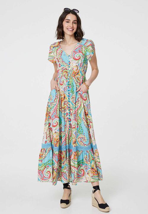 Stella Morgan - Cap Sleeve With Flutter V-Neck Button Through Maxi Dress - Multi