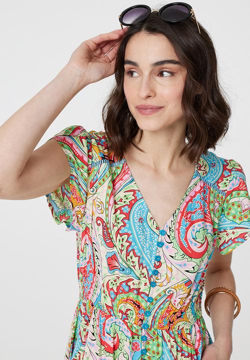 Stella Morgan - Cap Sleeve With Flutter V-Neck Button Through Maxi Dress - Multi