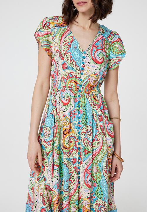 Stella Morgan - Cap Sleeve With Flutter V-Neck Button Through Maxi Dress - Multi