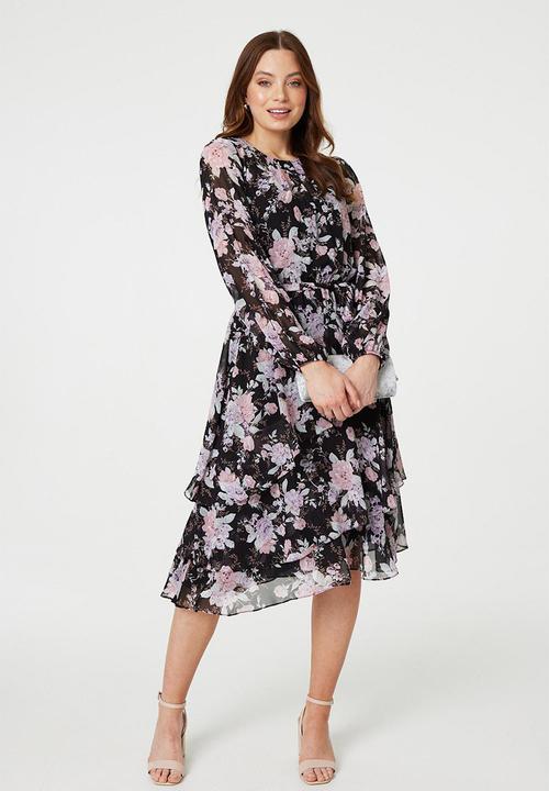 Izabel London - Long Sleeve Easy Wearing Flowing Printed Floral Maxi Dress - Black