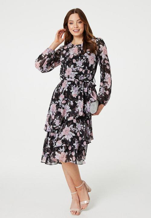 Izabel London - Long Sleeve Easy Wearing Flowing Printed Floral Maxi Dress - Black