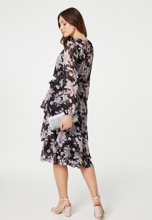 Izabel London - Long Sleeve Easy Wearing Flowing Printed Floral Maxi Dress - Black