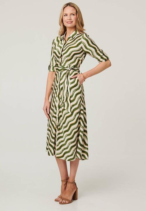 Izabel London - Long Sleeve Collared Button Through Maxi Dress - Multi Green