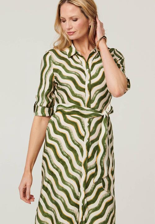 Izabel London - Long Sleeve Collared Button Through Maxi Dress - Multi Green
