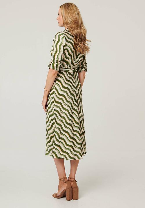 Izabel London - Long Sleeve Collared Button Through Maxi Dress - Multi Green