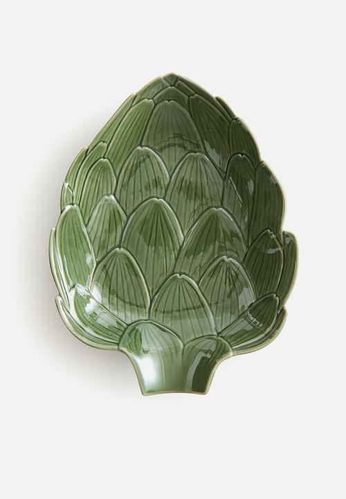 Large figurative stoneware serving bowl - green/artichoke 