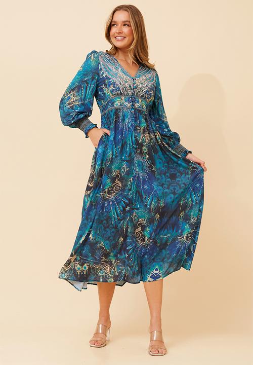 Stella Morgan - Long Sleeve With Smocked Cuff V-Neck Maxi Dress - Multi Blue