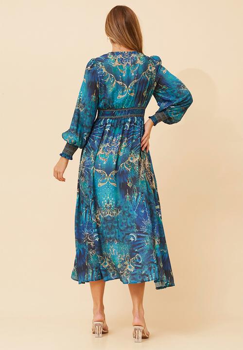 Stella Morgan - Long Sleeve With Smocked Cuff V-Neck Maxi Dress - Multi Blue