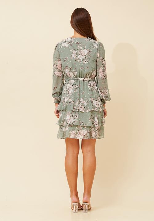 Izabel London - Long Sleeve With Elastic Cuff V-Neck Multi Tier Midi Dress - Sage