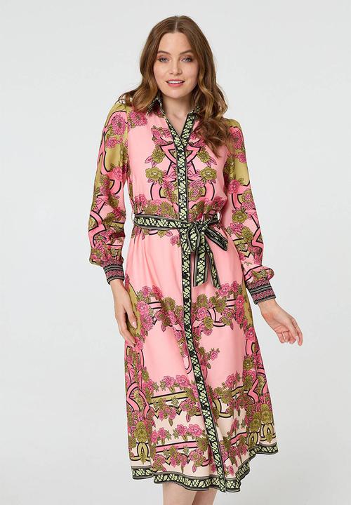 Izabel London - Long Sleeve Button Through Maxi Dress - Pink
