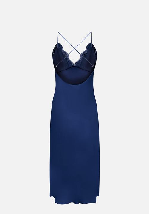 Hunkemoller - Slip dress satin lace midi dorothy - twilight blue