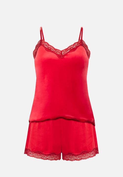 Hunkemoller - Pj cami velours scallop lace - red