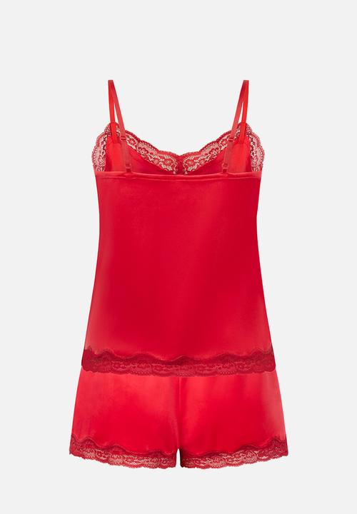 Hunkemoller - Pj cami velours scallop lace - red