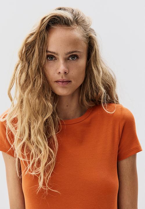 H&M - Ribbed t-shirt - dark orange 