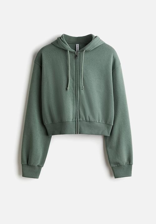 Cropped zip-through hoodie - khaki green - 1292680006