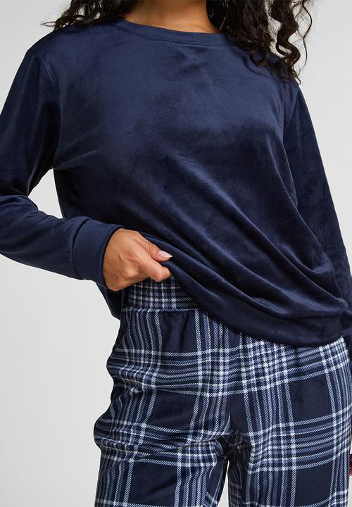 Hunkemoller - Pj ls velours check - maritime blue