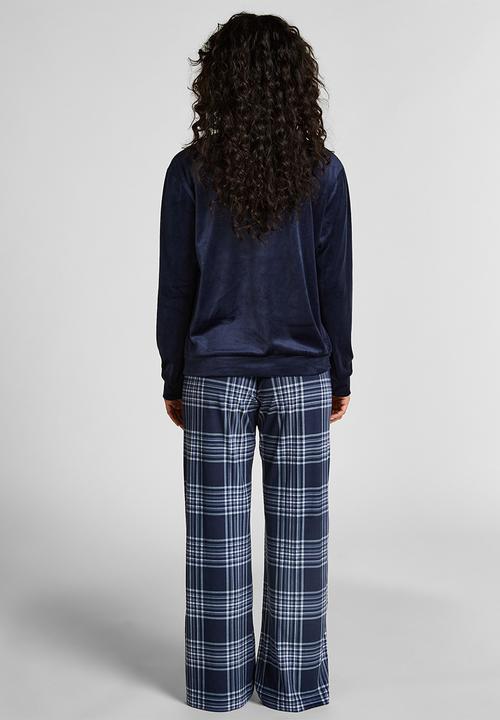 Hunkemoller - Pj ls velours check - maritime blue