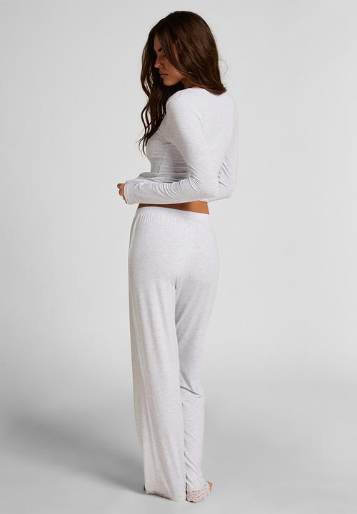 Hunkemoller - Pj long sleeve jersey modal lace nana - white grey melee