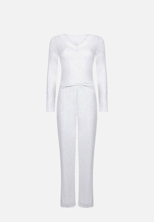 Hunkemoller - Pj long sleeve jersey modal lace nana - white grey melee