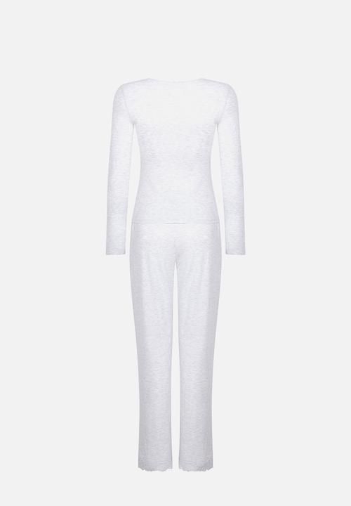 Hunkemoller - Pj long sleeve jersey modal lace nana - white grey melee