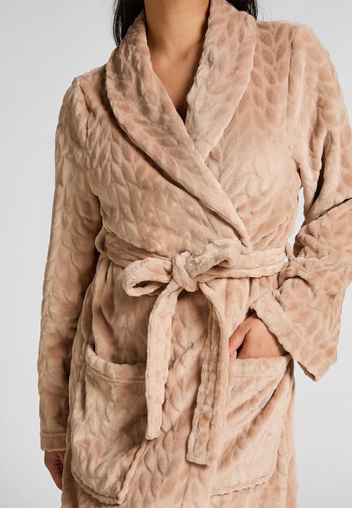Hunkemoller - Robe short flannel emb cable - beige