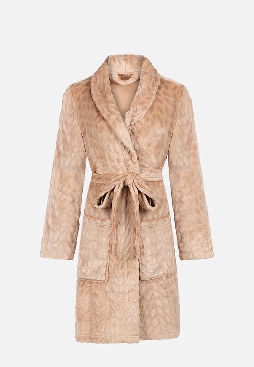 Hunkemoller - Robe short flannel emb cable - beige