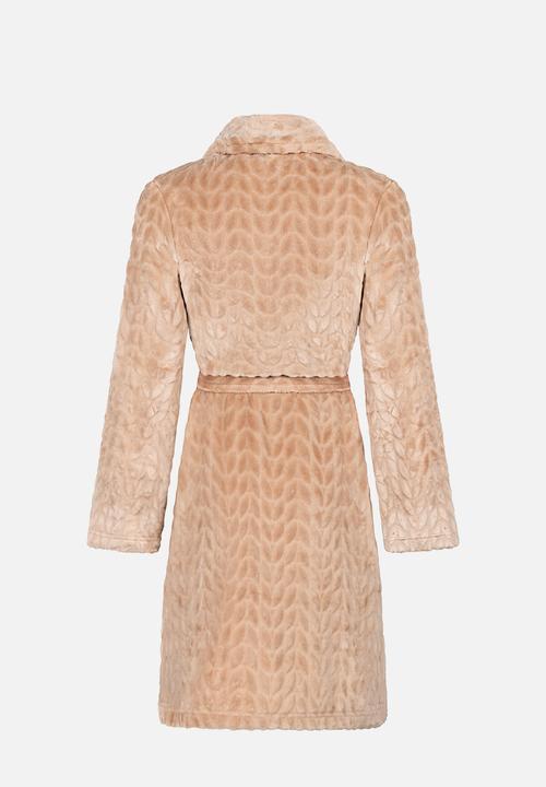 Hunkemoller - Robe short flannel emb cable - beige