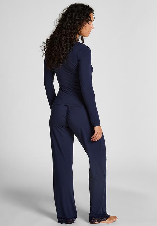 Hunkemoller - Pj ls jersey modal lace nana - maritime blue