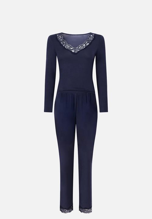 Hunkemoller - Pj ls jersey modal lace nana - maritime blue