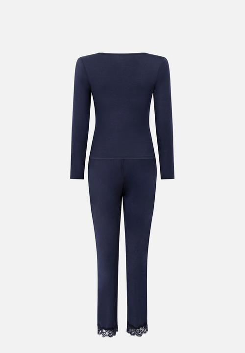 Hunkemoller - Pj ls jersey modal lace nana - maritime blue