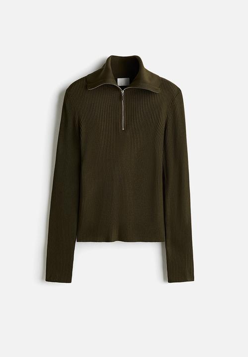 Rib-knit zip-top top - dark khaki green - 1307810004